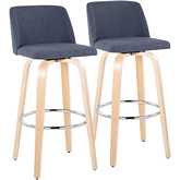 Toriano 30" Swivel Bar Stool in Natural Wood & Blue Fabric with Chrome Footrest (Set of 2)